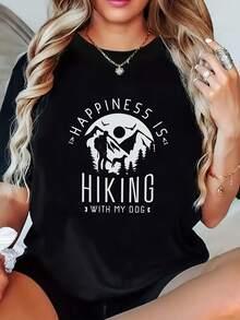 Plus Size Women's T-Shirt With "Enjoying Life With My Dog" Print - Soft And Breathable Black Base With White Mountain Dog Design, Short Sleeve, Casual Round Neck, Ideal For Outdoor Activities In Spring And Summer, Comfortable Clothing For Pet Lovers, Designed Specifically For Dog Enthusiasts. - 黑色 - 查看 7