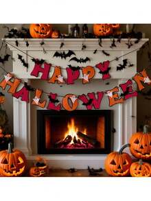 9.84英尺「Happy Halloween」字母橫幅花環－毛氈招牌橫幅附幽靈與蝙蝠，萬聖節派對裝飾橫幅，紙製幽靈橫幅，幽靈木珠花環，壁爐裝飾懸掛橫幅，壁爐架懸掛裝飾品 - 多款 - 查看 1