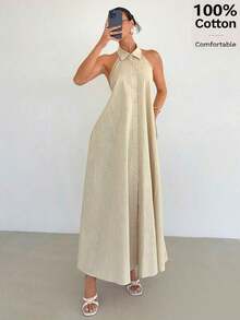 Vestido camisero de mujer de unicolor, holgado, sin mangas, con hombro asimétrico, con botones delanteros, vestido casual, adecuado para vacaciones - Albaricoque - Ver 5