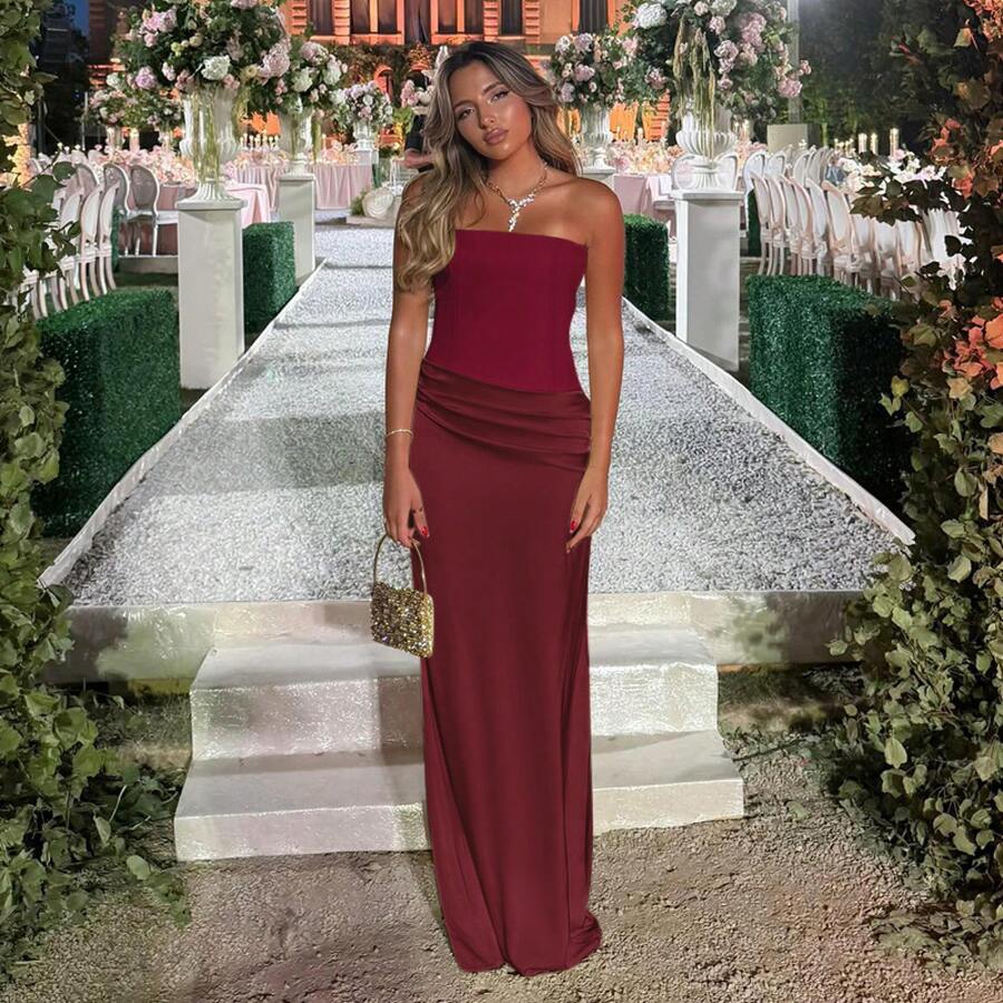 Evening Dress For Women, Satin Patchwork Backless Strap Waist Cinching Dress - Wine Red - View 1