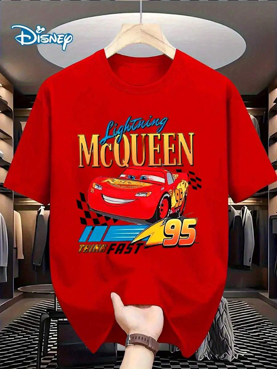 Disney'S Cars Lightning Mcqueen Patterned Men'S Casual T-Shirt, Perfect For Summer Sports And Leisure, Versatile Short Sleeves, Featuring Disney Elements With A Round Neck, Suitable For Casual Wear And Daily Activities, Disney Father's Day Gift - 紅色 - 查看 1