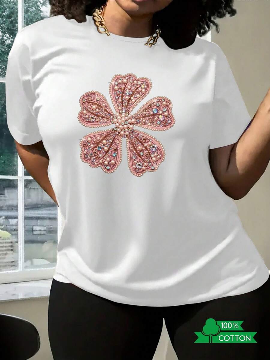 1 Women's T-Shirt With Round Neck, Letter And Anime Print, Simple Design, Comfortable And Breathable, Versatile For Daily Wear, Suitable For Sports And Leisure, Refreshing For Summer, A Must-Have For Parties, Local Shipping, Five-Petal Flower With Pearls, 180g, 100% Cotton. - 白色 - 查看 1