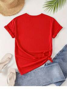 Women's Fashion Graphic Print Short Sleeve Tee, Round Neck T-Shirts, Casual Tops For Ladies With Rose, Strawberry, Flower, And Heart Prints, Casual Short Sleeve Printed T-Shirts For Women, Red Blouses For Women, Graphic Blouses For Women. 100% Cotton. Comfortable And Soft Short Sleeve T-Shirt For Everyday Wear. - 紅色 - 查看 2