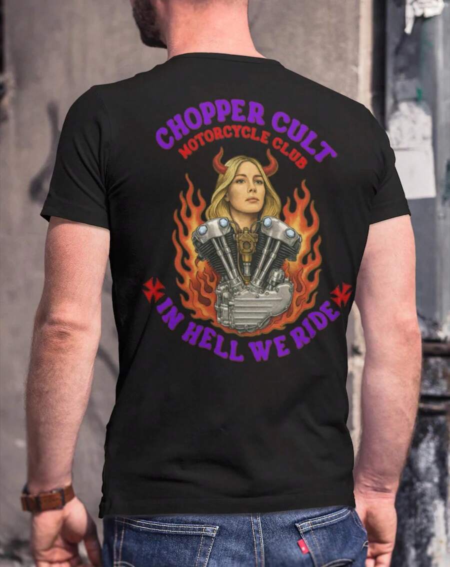 Camiseta Chopper Cult, Camiseta Vintage de Motociclista con Diseño de Diablo y Motor Knucklehead – En el Infierno Conducimos, Camiseta de Motocicleta, Estilo Tatuaje - Negro - Ver 1