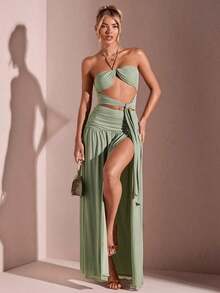 Long, Solid-Color Mesh Beach Dress – High Slit, Ruched Waist And Tie – Sexy And Perfect For Summer Vacation - 黑色 - 查看 3