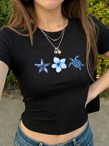 Versatile Casual Women's T-Shirt, Fitted Short-Sleeved Crop Top, Decorated With Starfish, Frangipani, And Sea Turtle Prints In An Island Style; Lightweight And Cool Style Suitable For The Workplace; Casual Style; Stretchy Fabric Ensures A Perfect Fit - 黑色 - 查看 6