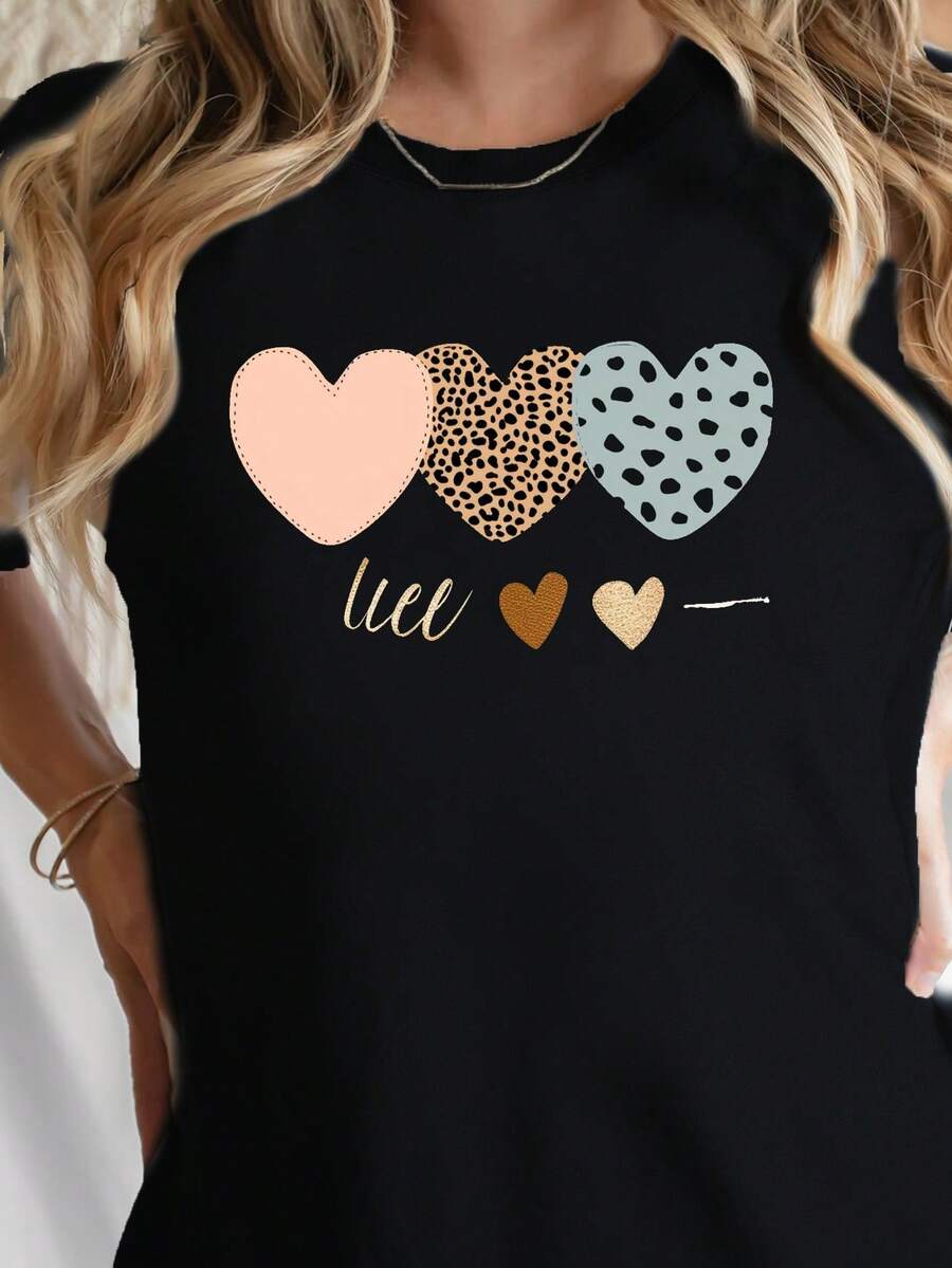 1 Piece Women's T-Shirt, Soft And Comfortable, With Leopard, Heart, And Polka Dot Print - Casual Crew Neck, Short Sleeves, Lightweight And Breathable, Suitable For Casual Wear. | Fashionable Casual Top | Breathable 180g 100% Cotton - 黑色 - 查看 1