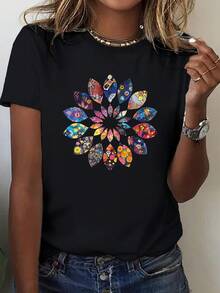 1 Women's T-Shirt With Vibrant Geometric Floral Print, Hippie Style - 100% Cotton, Comfortable Fit, Crew Neck, Machine Washable, Colorful Mandala Design, Casual Style, Suitable For All Seasons, Vacation Wear. | Geometric Floral Print T-Shirt | 180g Pure Fabric, 100% Cotton - 黑色 - 查看 12