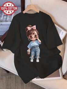 Fashionable Short-Sleeved T-Shirt For Ladies, Cute Little Bear Cool GIRL Letter Print Casual Loose-Fitting Women's 100% Pure Cotton Top, Women's Clothing - Black - View 1