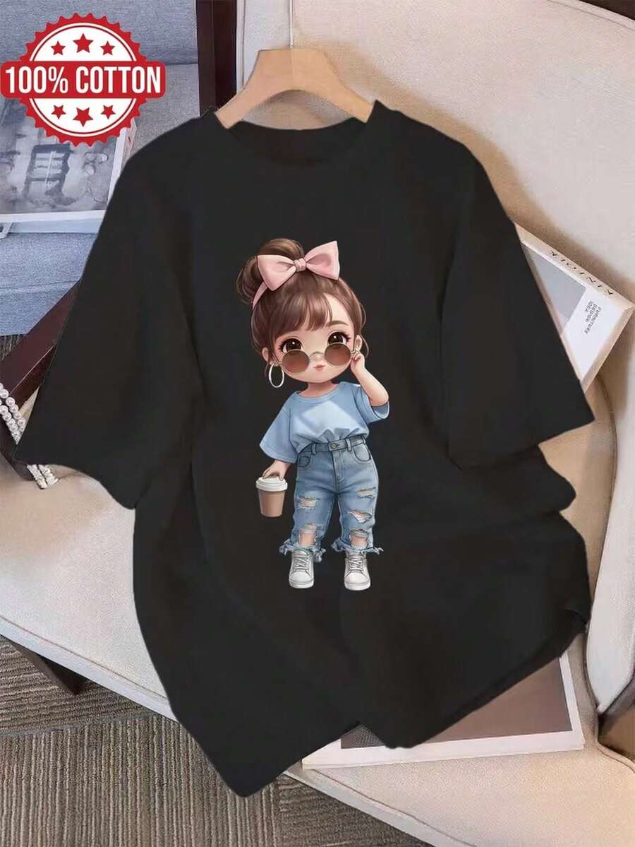 Fashionable Short-Sleeved T-Shirt For Ladies, Cute Little Bear Cool GIRL Letter Print Casual Loose-Fitting Women's 100% Pure Cotton Top, Women's Clothing - Black - View 1