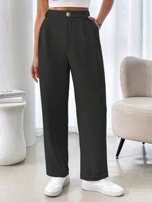 AYYRafferiza Pantalones de traje casuales de mujer de un solo color con pliegues en el bajo y bolsillos, sin estiramientoAYY - Negro - Ver 6