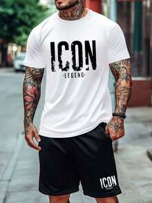 2 piezas/Set Conjunto casual de verano para hombre - Camiseta de manga corta y pantalones cortos con cordón, camiseta de cuello redondo adecuada para gimnasio, deportes, actividades al aire libre, estilo novio, estampado de letras y gráficos, ajuste regular con bolsillos Blanco - Blanco - Ver 5
