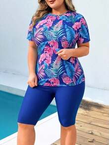 Swim  Conjunto de traje de baño de mujer talla grande con parte superior estampada al azar y shorts de unicolor, talla grande una falda pareo con cintura anudada - Azul 2 - Ver 5