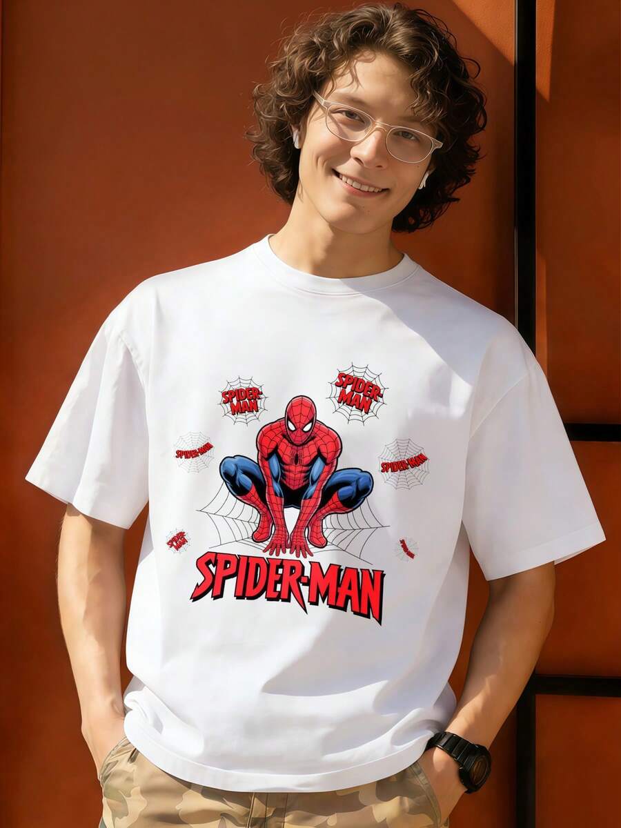 Spider Man Web Action Pose Graphic T Shirt 100 Percent Cotton Men's T Shirts MARVEL  Marvel Universe  Superhero Summer Outfits Men's Clothes Mens Tops Streetwear Mens Gift Ideas Innerwear Or Outfits,Mens Fashion - White - View 1