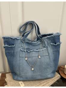 1件個性化刺繡客製化姓名高品質藍色帆布托特包，大容量通勤/工作/購物女款單肩包，極簡設計 - 彩色 - 查看 8