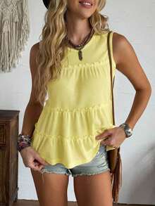 Chaleco holgado de mujer con cuello redondo y ribete de volantes en unicolor, adecuado para vacaciones, oficina, uso diario, estilo occidental, estilo bohemio, babydoll - Amarillo - Ver 4