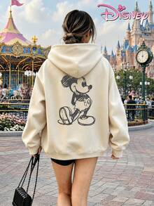 Disney Women's Loose-Fitting Hooded Sweatshirt With Sketch-Line Mickey Mouse Print On The Front And Back. Simple And Artistic Style, Comfortable And Versatile For Everyday Wear, Suitable For Various Occasions. - 杏色 - 查看 3