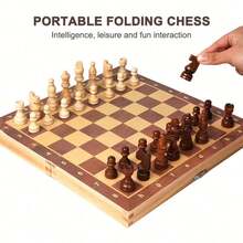 可折疊木製西洋棋組附收納盒，便攜式旅行桌遊，適合家庭聚會、居家娛樂、學校、辦公室、戶外露營，鍛鍊大腦、提升智力，耐用木製棋子，成人生日節日完美禮物，易於收納攜帶 - 彩色 - 查看 10