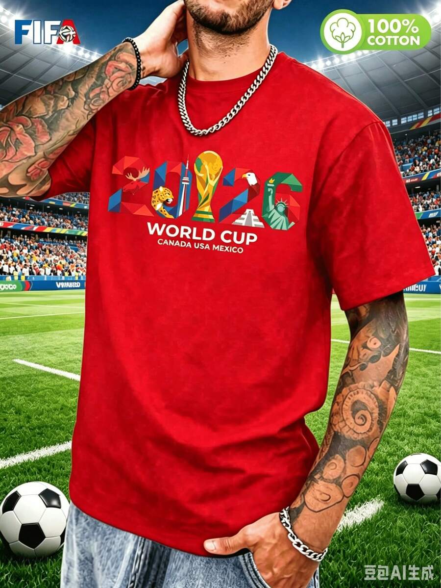 Officially Licensed FIFA 2026 USA-Canada-Mexico World Cup Geometric Creative T-Shirt Modern Football Style Loose Short Sleeve Fan Apparel Unisex Comfo - 紅色 - 查看 1
