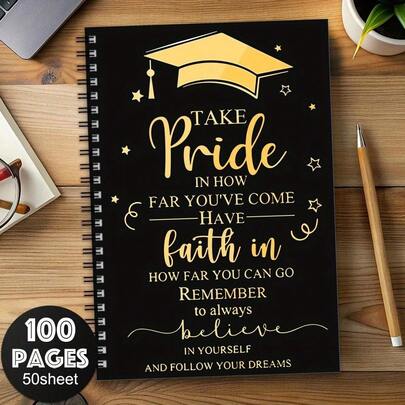 1 Aesthetic Graduation Spiral Notebook - Inspirational "Proud Of The Path You'Ve Walked" Quote, Black And Golden Design, 100 Pages, Perfect For Journaling, Office, Or Gifts For Friends And Sisters