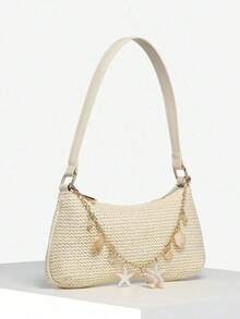 1pc Women's Vintage Resort Ocean Faux Pearl Cherry Faux Fur Tail Woven Crossbody Bag, Suitable Dates, Outings, Vacations - Beige - View 7