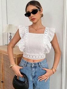 Camisa de verano elegante y estilizadora de cuello cuadrado con rayas tejidas para mujer - Blanco - Ver 6