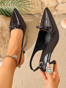Women's Retro Brown Patent Leather Pointed Toe Backstrap High Heel Shoes, Classic Bow Design, Versatile & Comfortable Low Kitten Heel Closed-Toe Sandals For Work, Daily, Party, Plus Size - Brown - View 5