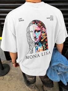 ChristmasFractyr Camiseta Holgada para Hombre con Diseño de Arte Dividido de la Mona Lisa, con Estampado Frontal y Trasero, Camiseta Blanca Suave de Estilo Urbano, Artículo Popular - Blanco - Ver 2