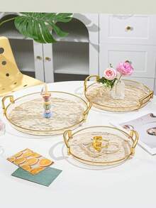 Tea Cup Coffee Cup Water Cup Serving Tray, Thickened PET Round Transparent Glacier Pattern Tray With Handles, Durable - Perfect For Home Living Room Decor, Weddings And Parties - Amber With Gold Trim - View 7