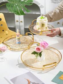 Tea Cup Coffee Cup Water Cup Serving Tray, Thickened PET Round Transparent Glacier Pattern Tray With Handles, Durable - Perfect For Home Living Room Decor, Weddings And Parties - Amber With Gold Trim - View 5