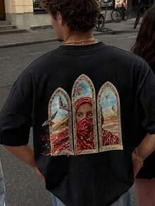 Fractyr Men's Oversized Double-Sided T-Shirt, Gothic Church Window Print, Vintage Middle Eastern Inspired Mystic Portrait Graphic Tee, Soft Touch Short Sleeve Crew Neck Tee For Grunge And Urban Style - 黑色 - 查看 3