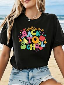 Women's Cotton T-Shirt From SimpieAndVersatileDesign, Featuring A Youthful Print Perfect For Back To School. Ideal For Lively Outings, Outdoor Activities, Daily Commutes, And Versatile, Stylish Wear. - 黑色 - 查看 1