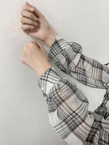 Vestido casual largo de verano para mujer con cintura ceñida, volantes y vuelo en estampado de cuadros - Blanco y Negro 2 - Ver 7