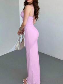 Vestido de encaje ajustado, de tirantes finos y largo, elegante y romántico para cita nocturna, Día de San Valentín o fiesta de verano - Rosa Pálido - Ver 3