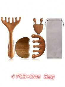 Bộ 4 dụng cụ massage bằng gỗ đàn hương, bao gồm dụng cụ cạo massage mặt và đầu, que massage làm đẹp da mặt, và bảng massage toàn thân giúp thư giãn cơ bắp. - màu nâu - Xem 11
