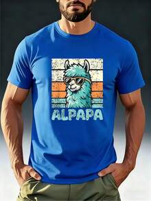 Premium Summer T-Shirts For Men, Comfortable, Breathable, And Quick-Drying For Adults. Fun Vintage T-Shirt For Adults Featuring The Alpaca "ALPAPA" Wearing Fashionable Glasses Against A Distressed Striped Background. Cool Blue And Orange - 灰色 - 查看 1
