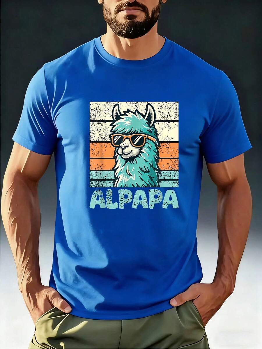 Premium Summer T-Shirts For Men, Comfortable, Breathable, And Quick-Drying For Adults. Fun Vintage T-Shirt For Adults Featuring The Alpaca "ALPAPA" Wearing Fashionable Glasses Against A Distressed Striped Background. Cool Blue And Orange - 灰色 - 查看 1