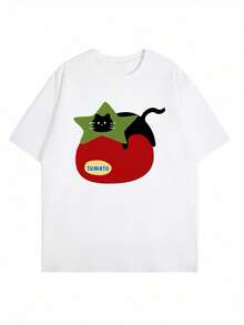 Women's Short Sleeve Tomato Print T-Shirt - Loose And Oversized Summer Blouse With Round Neck, Fruit And Vegetable Design, Comfortable Casual Wear, Non-Stretch Fabric, Hand Washable, Warm Weather Outfits - 白色 - 查看 7