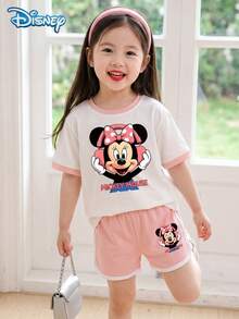 Disney T-Shirt套裝，夏季女童服飾，迪士尼鮮豔甜美風，圓領對比色耳機米妮鼠印花短袖T恤 + 運動短褲，休閒日常外出、度假、派對穿著，適合8歲以下女孩 - 粉色 - 查看 2