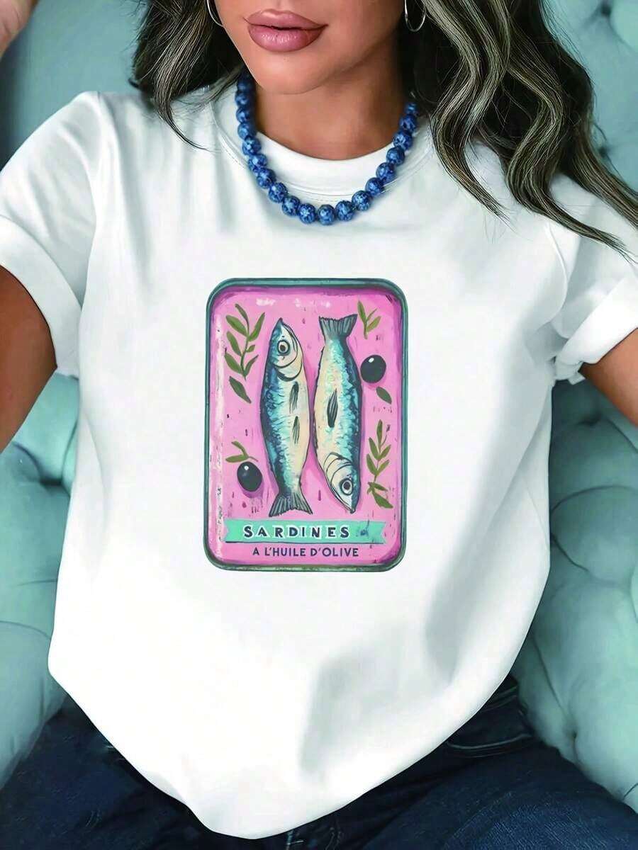 Plus Size - Plus Size T-Shirt With Sardine Print, White, Short Sleeve, Crew Neck, Machine Washable, Casual Style, Comfortable Fit, Y-Shape Design, Versatile For Everyday Wear, Soft Fabric, Modern Style. Women's Standard Size Casual T-Shirt, Breathable, Lightweight, Short Sleeve, Basic Blouses For Women. - 白色 - 查看 1