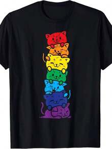 Men's T-Shirt With Stacked Cat Pattern - Cute And Fun Colors (Red, Orange, Yellow, Green, Blue, Purple) - Soft Casual Top For Cat Lovers - Short Sleeve T-Shirt With Funny Animal Theme Y9RR - 黑色 - 查看 7