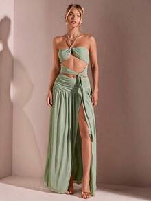 Long, Solid-Color Mesh Beach Dress – High Slit, Ruched Waist And Tie – Sexy And Perfect For Summer Vacation - 黑色 - 查看 5
