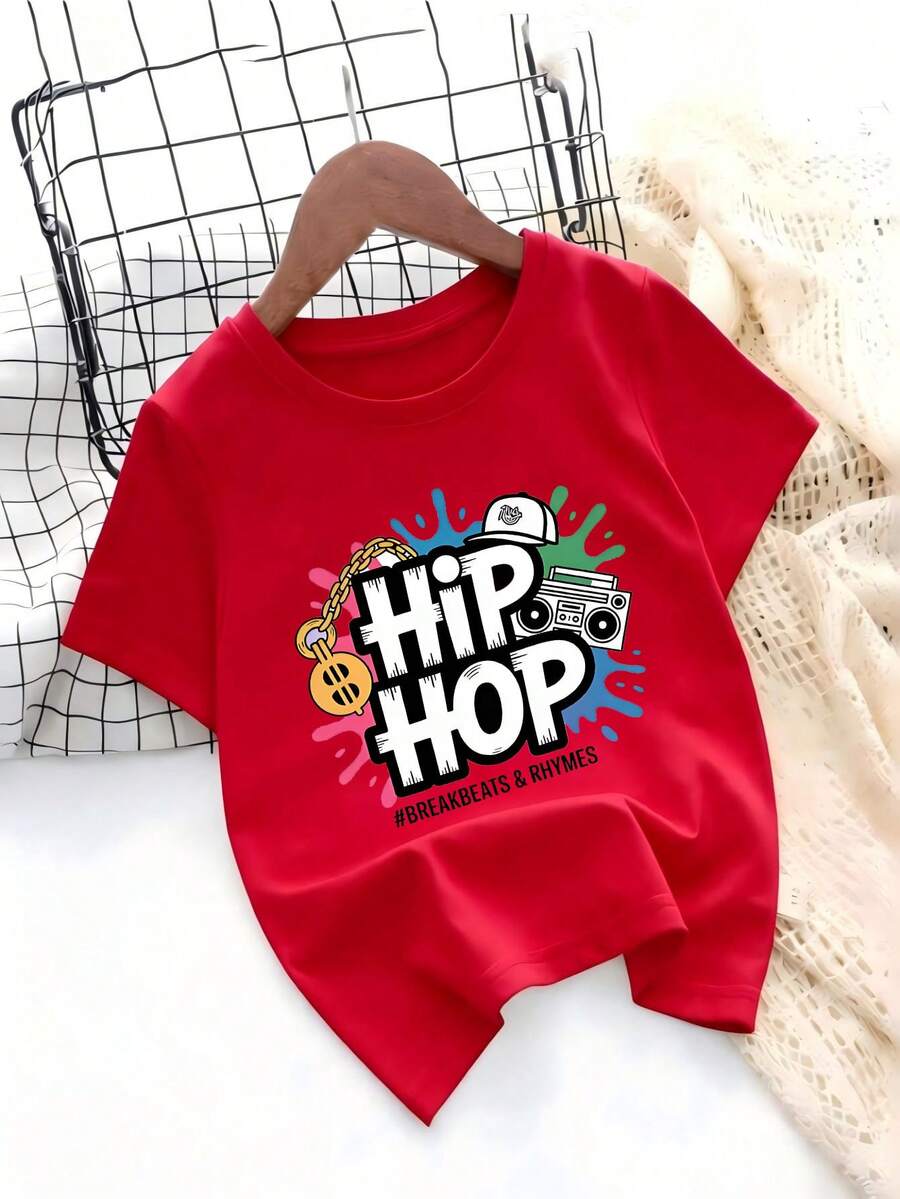 Hip-Hop Style T-Shirt For Boys And Girls, With Urban Culture Prints, Perfect For Casual Street Dance Performances - 紅色 - 查看 1