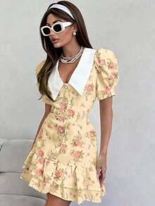 Spring/Summer Casual Style Dress With Collar, Front Buttons, Tie Back And Tie-Dye Print, For Everyday Wear, Western Style, Bohemian, Music Festivals, Vacation, Fairycore Style, Elegant For Women - 橘色 - 查看 5