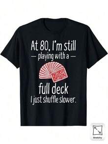 1pc Humorous 80th Birthday Print T-Shirt - Cotton Blend, Crew Neck, Short Sleeve, Casual Style, Slight Elasticity, Geometric Pattern, Breathable And Moisture-Wicking, Ideal For Sports And Outdoor Activities, Unisex Adult T-Shirt - 黑色 - 查看 1