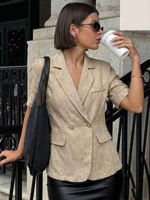 AYYPariaura Chaqueta casual de mujer de manga corta color marrón, con botones metálicos, bolsillo falso, de tela de algodón y lino, para uso diario y vacaciones, modelo 2026 de nueva llegadaAYY - Albaricoque - Ver 3
