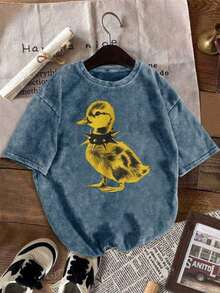 Women's Punk-Style Studded Choker Necklace, Paired With A Cute Distressed Yellow Duck Print Short-Sleeve T-Shirt, Vintage Round Neck Top, Fashionable Spring/Summer Outfit, Suitable For Daily Wear, Outings, Back To School And Graduation Season, Y2K Casual Style. - 白色 - 查看 6