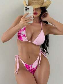 Swim  Conjunto de vacaciones para mujer de 4 piezas: Top de bikini triangular con estampado de cuello halter, Bottom de traje de baño, falda larga tipo sarong y cubrecuerpo.Conjunto de 2 piezas floral con falda maxi, conjunto de 2 piezas de verano para mujer - Rosa - Ver 4