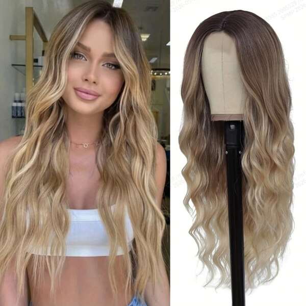 Elegant Ombre Blonde 66cm Wavy Wig For Women - Middle Part, Heat Resistant Synthetic Fiber, Perfect For Cosplay & Halloween