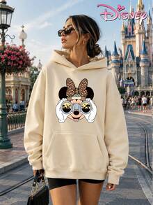 Disney Women's Loose-Fitting Hooded Sweatshirt With Leopard Print And Bow Minnie Mouse Adventure Theme Design. Cute Style, Casual, Comfortable And Versatile, Suitable For Amusement Park Outings. - Màu be - Xem 1